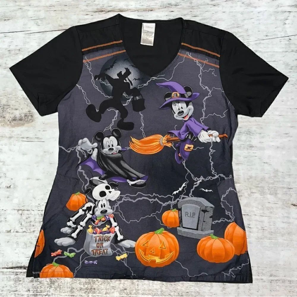 Disney Mickey and Friends Halloween Theme Scrub Top Womens Size Small